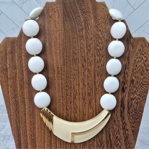 Trifari Statement Necklace White Lucite Beads Gold Tone Enamel Vintage